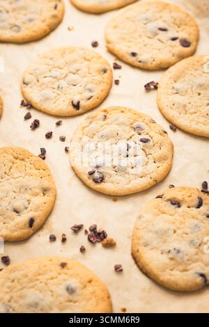 Frische Schokoladen-Chip-Kekse auf Backpapier Stockfoto