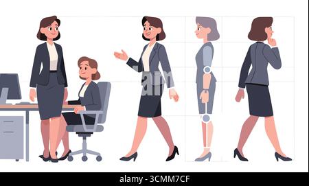Titel: Casual Business Women Charakterkonstruktor für Animation. Vorder-, Seiten- und Rückansicht. Körperteile, Körperhaltungen, Posen Sammlung. Vektorillust Stock Vektor