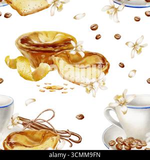 Traditionelles portugiesisches Frühstück mit nahtlosem Muster: сup, Kaffeebohnen, halbierte und ganze Pasteis de nata Tarte mit cremigem Pudding, Zitronenblüten. Aquarellfarben Stockfoto