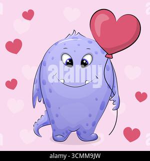Niedliches Cartoon-Monster mit Herzballon. Vektor-Illustration eines Tieres auf rosa Hintergrund mit Herzen. Stock Vektor