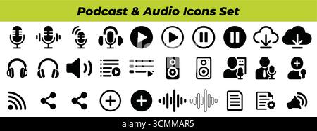 Eine Sammlung von Schwarzweiß-Podcasts und Audio-Symbolen, die in Zeilen auf weißem Hintergrund angezeigt werden Stock Vektor