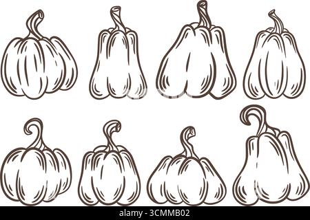 Set aus Kürbissen in verschiedenen Formen in Silhouette. Handgezeichnete schwarze Skizze reifer Herbstkürbisse. Herbstsaison Gemüseernte, gravierte Kritzelei Stock Vektor