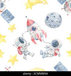 Astronauten, Raketen und Monde in einer Aquarellillustration nahtloses Muster auf Beige, ideal für Kinderbettwäsche, Partyeinladungen, kreative Wanddrucke und Oberflächendesign für Produkte. Stockfoto