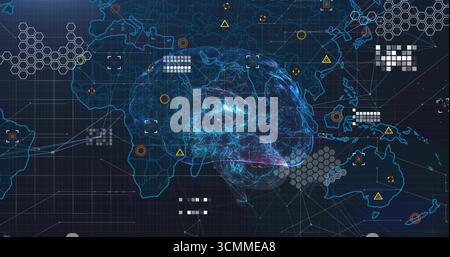 Projiziert Neonblau-Hirn-Netzwerk in der Benutzeroberfläche mit Weltkarte, Hex-Clustern, Symbolen, Datenleisten und Linien Stockfoto
