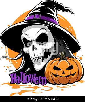 Halloween-Vektor-Illustration, ein Schädel in einem Hut mit einem Kürbis. Stock Vektor