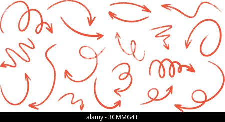 Buntstift-Pfeilsatz mit handgezeichneten gekrümmten Linien und Richtungszeigern für Navigation oder Workflow-Design. Stock Vektor