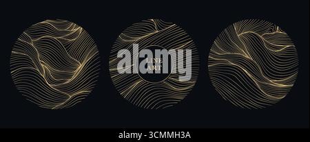Abstrakte japanische Vektorlogos mit goldenen Wellen, runden Ornamenten, eleganten Linienstrukturen, asiatischen Meer- und Flussmotiven. Moderner orientalischer Hintergrund Stock Vektor