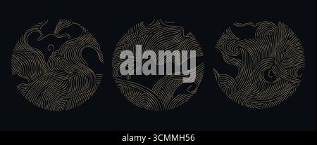 Abstrakte japanische Vektorlogos mit goldenen Wellen, runden Ornamenten, eleganten Linienstrukturen, asiatischen Meer- und Flussmotiven. Moderner orientalischer Hintergrund Stock Vektor