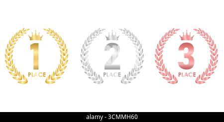 Set der Auszeichnungen erster, zweiter und dritter Platz. Lorbeerkranz aus Gold, Silber und Bronze für den Trophy Cup. Champion und Siegerkonzept. Vektorabbildung. Stock Vektor