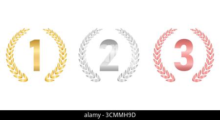 Set der Auszeichnungen erster, zweiter und dritter Platz. Lorbeerkranz aus Gold, Silber und Bronze für den Trophy Cup. Champion und Siegerkonzept. Vektorabbildung. Stock Vektor