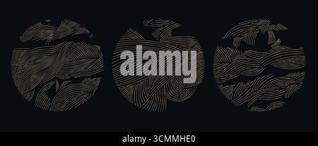 Abstrakte japanische Vektorlogos mit goldenen Wellen, runden Ornamenten, eleganten Linienstrukturen, asiatischen Meer- und Flussmotiven. Moderner orientalischer Hintergrund Stock Vektor