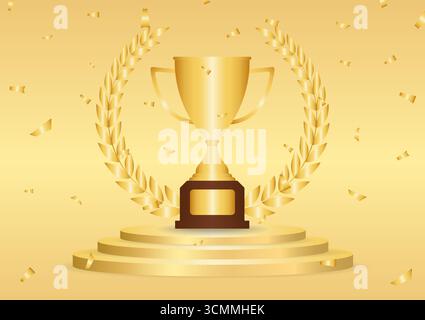 Golden Trophy Cup oder Winner Cup Award auf dem Podium im goldenen Hintergrund. Siegerpodest. Champion und Sieger oder Celebration-Konzept. Stock Vektor