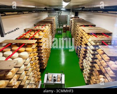 Einsiedeln, Schweiz - 28. September 2022: Reifung der Käsemädel in Regalen in einem temperaturkontrollierten Raum in Einsiedeln, Schweiz Stockfoto