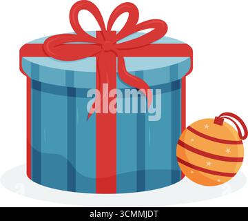 Blaue runde Geschenkbox mit rotem Band und gelbem Ornament, Feier und Geschenk Stock Vektor