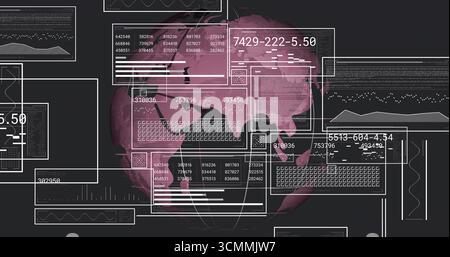 Rotierende, rosafarbene Weltkugel auf dem Armaturenbrett mit weißen UI-Bedienfeldern, die numerische Datenraster anzeigen Stockfoto