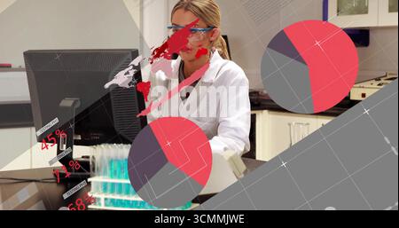 Analyse auf Computerforscherin im Laborkittel am Labortisch, Anzeige von Tortendiagrammen und Kartenüberlagerung Stockfoto