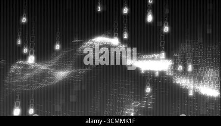 Kaskadierende Binärziffern bilden im Cyberspace eine Wellenbewegung mit Code-Streams und Rasterquadraten Stockfoto