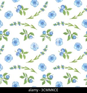 Aquarellmuster mit blauen Wiesenblumen, Kräutern, Heidelbeeren. Nahtloses Blumenmuster mit zarten Veilchen. Botanische Gestaltung von Wiesenkräutern Stockfoto