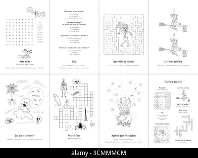 Set mit sieben Spielen. Halloween. Französisch. Vektorabbildung. Satz Nr. 1. Stock Vektor