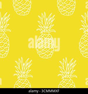 Nahtloses Vektormuster der Ananas. Weiße Strichzeichnung auf gelbem Hintergrund im Doodle-Stil. Für Verpackungspapier, Textildrucke Stock Vektor
