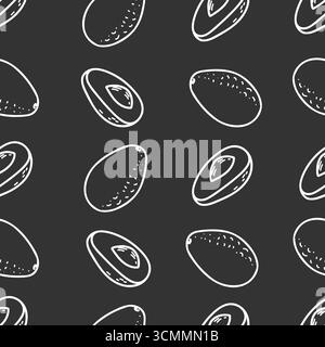 Nahtloses Avocado-Grafikmuster in minimalistischem Stil. Handgezeichnete weiße Linienzeichnung von ganzen Früchten und geschnittenen Scheiben auf schwarzem Hintergrund Stock Vektor