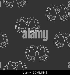 Bier Octoberfest nahtloses Muster. Weiße Strichgrafik auf schwarzem Hintergrund. Toasten voller Bierbecher mit Schaum. Handgezeichnete Vektor-Illustration in Doodle Stock Vektor