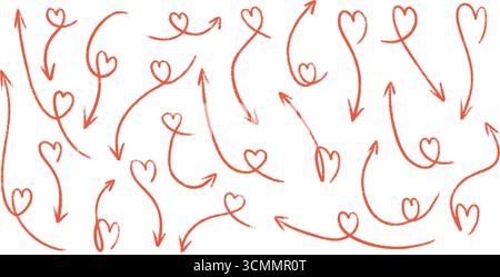 Rote Pfeilherzkompositionen mit Kreidepinsel-Bleistiftstift-Texturen für romantische valentinstag-Dekoration. Stock Vektor