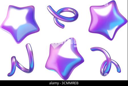 Kollektion mit 3D-Sternen und geschwungenen Bändern in violetten holografischen Weihnachtsdekorationen Stock Vektor