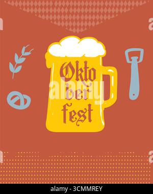 Oktoberfest Bierkrug Illustration – traditionelles deutsches Festival Poster Design mit Brezel und Öffner Stock Vektor