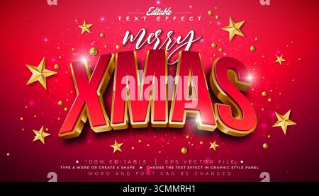 Frohe Weihnachten bearbeitbare Texteffekt-Design-Vektor-Grafik-Stil mit Rot und Gold 3D Xmas Typografie Schriftzug und Ornamente auf rotem Hintergrund Stock Vektor