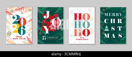 Frohes neues Jahr 2026 und frohe Weihnachten, Freude an die Welt - schöne Grußkarten. Happy New Year 2026 Kreatives Design für Begrüßungsposter oder Cover Stock Vektor