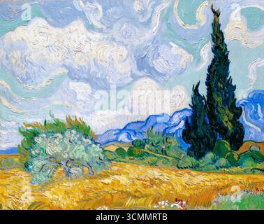 Vincent van Gogh, die Zypresse und der blühende Baum, (Weizenfeld mit Zypressen), Landschaftsgemälde in Öl auf Leinwand, 1889 Stockfoto