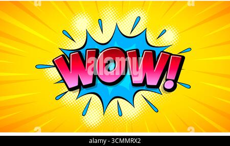 Comic Wow Design mit farbenfroher 3D-Zeichentrickschriftart auf Retro-Hintergrund. Vektor Premium Typografie Schriftzug Illustration Vorlage für Grußkarte Stock Vektor