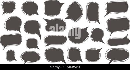 Sprechblasen im Doodle-Sketch-Stil. Schwarze leere Textfelder. Dialogfelder mit verschiedenen Formen, handgezeichnete Clips, Vektorelemente. Stock Vektor