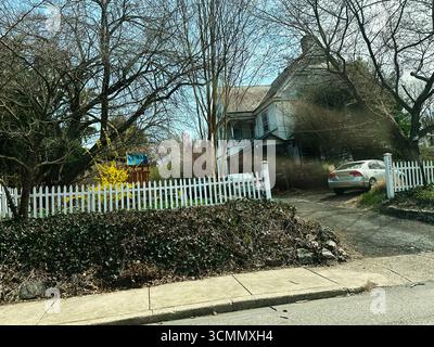 Jenkintown, Pennsylvania, USA - 01. April 2025: Rustikales Haus, umgeben von blühenden Bäumen, einem weißen Streifenzaun und einem Auto. Stockfoto