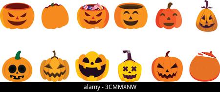 Set von Kürbis Halloween Vektor von geschnitzten Gesichtern, gruseliges Design, festliche Symbole. Für saisonale Einrichtung, Poster für Partyeinladungen, Karte, Weihnachtsdesign. Stock Vektor