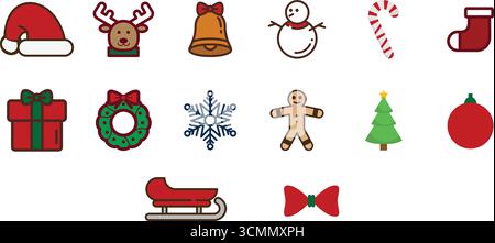 Christmas Elements Vektor Set Weihnachtsmütze, Hirsch, Glocke, Schneemann, Geschenk, Kekse, Socken, Schneeflocken, Baum, Ornamente, festliche Dekoration für Winterdesign Stock Vektor