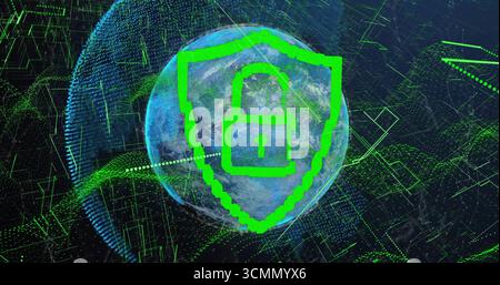 Zeigt das Symbol für das entsperrte Vorhängeschloss auf neongrünem, pixelfarbenem Schild über dem Globus im Cyberspace, Gitterlinien Stockfoto