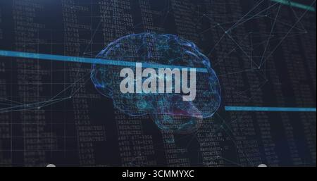 Schwebendes 3D-Brain-Hologramm, das im dunklen Codefeld pulsiert und hervorgehobene Datenbalken und Netzwerkknoten anzeigt Stockfoto