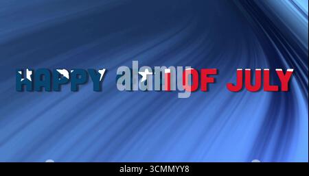 HAPPY 4. JULI Text mit amerikanischem Flaggenmuster auf blauem Wirbel im Design Workspace Stockfoto