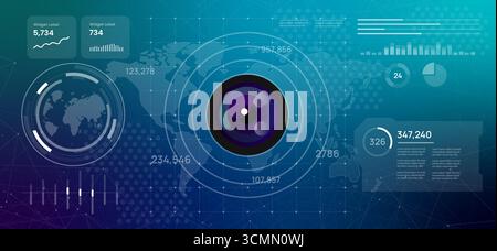 Globale Überwachungs- und Sicherheitstechnologie-Systeme futuristisches digitales Dashboard mit Weltkarte mit Kameraobjektiv-Beobachtung Stock Vektor
