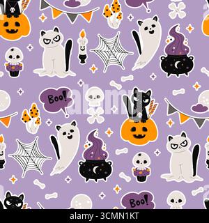 Nahtloses Halloween-Muster. Niedliche schwarze Katze in Kürbis Jack o Laterne und Geistertier mit Schädel, Knochen, magischen Fliegenpilzen auf lila Hintergrund. Vecto Stock Vektor