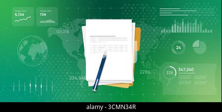 High-Tech-Hintergrund mit Weltkartenhintergrund mit einem Papierstapel und einem Stift stellt den Übergang von herkömmlichen zu digitalen Dokumenten dar Stock Vektor