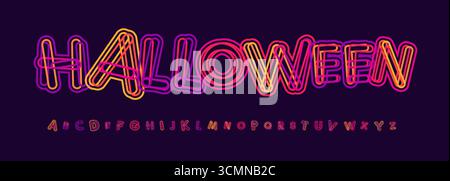 Die gruselige Neonschrift verfügt über kräftige, farbenfrohe Buchstaben im leuchtenden Retro-Stil, die Horror, lustige Halloween-Vibes zu einer funkigen Schriftart für Schlagzeilen kombinieren Stock Vektor