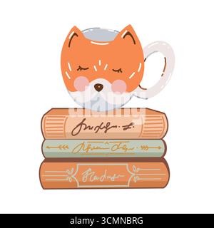 Herbstkomposition mit einem Stapel Bücher und einem süßen Fuchsbecher. Hand gezeichnete Vektor-Illustration für Herbstkarte, Druck, Poster, Banner. Illustration des Vektors auf weißem Hintergrund isoliert Stock Vektor