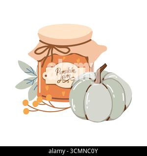 Eine gemütliche Herbstkomposition mit Kürbis, Kürbismarmelade, Blättern und Beeren. Entzückende Kawaii-hausgemachte Illustration. Flache Vektorgrafik für saisonale Grußkarten, Drucke, Aufkleber und Verpackungen. Stock Vektor