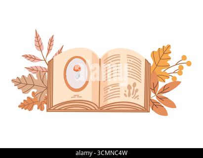 Herbstkomposition mit offenem Buch und saisonalen Blättern in warmem, gemütlichem Stil. Hand gezeichnete Vektor-Illustration für Herbstkarte, Druck, Poster, Banner. Nostalgisches Design mit sanfter Atmosphäre. Illustration des Vektors auf weißem Hintergrund isoliert Stock Vektor