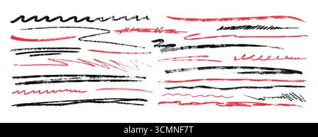 Handgezeichneter Kreidebleistift, durchgestrichene Holzkohle-Textur, Kritzeleien oder Pinselstriche. Rote und schwarze Buntstifte heben Linien hervor, Flecken isoliert auf weißem Hintergrund. Kritzeln Sie Freihandelemente Stock Vektor