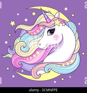 Ein wunderschöner Regenbogen-Einhornkopf und Mond. Flaches Design. Geeignet für Kinderdrucke, Poster, Karten, Aufkleber, Puzzles, usw. Vektorabbildung Stock Vektor