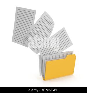 Dokumente, die aus einem Ordner geflogen werden Stockfoto